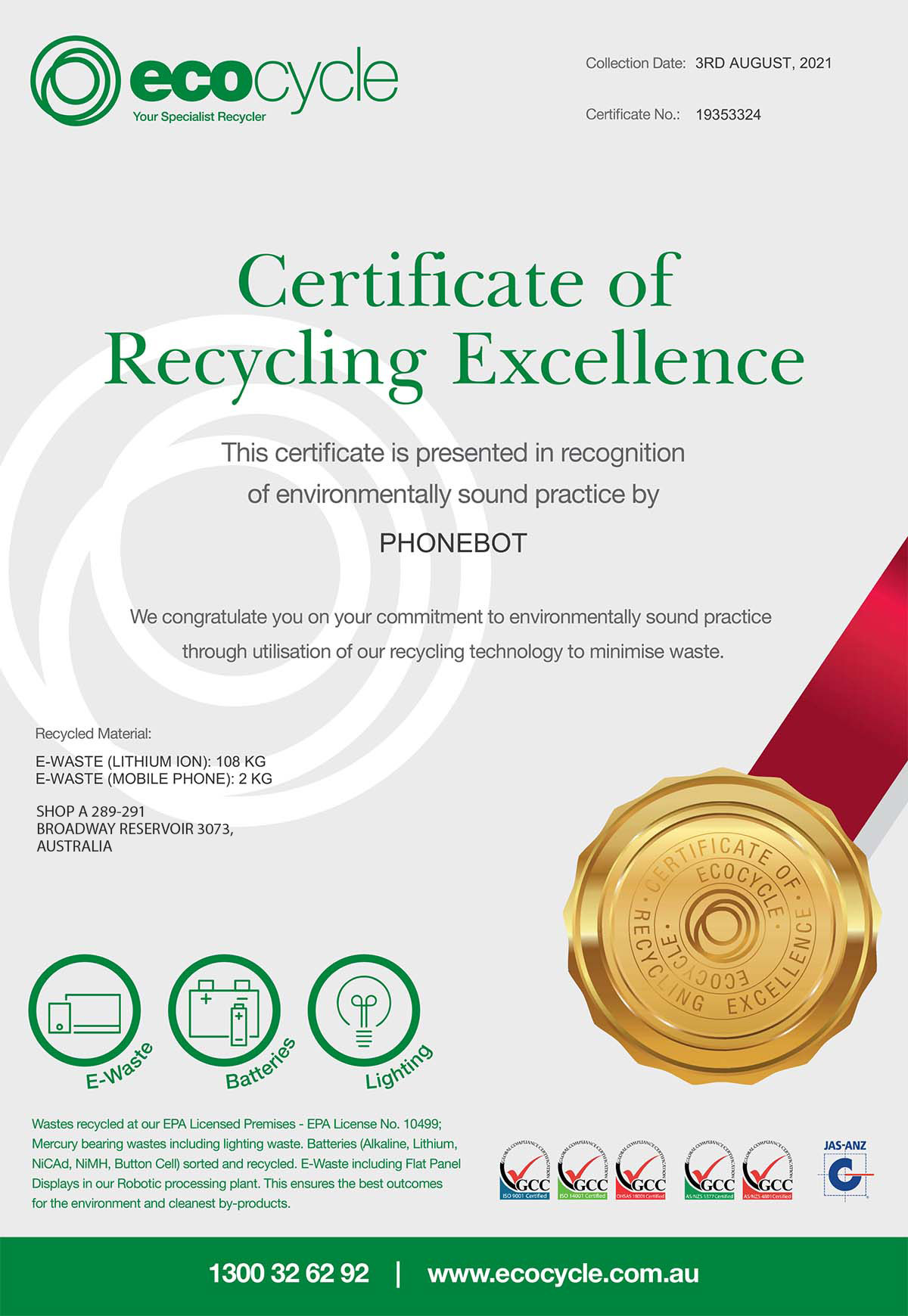 Ecocycle Certificate of Recycling Excellence